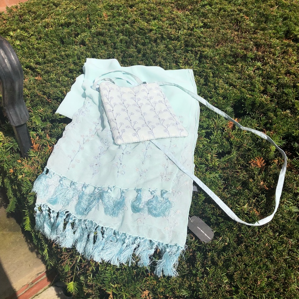 Soft Baby Blue Boho Embroidered Bag and Shawl NWT